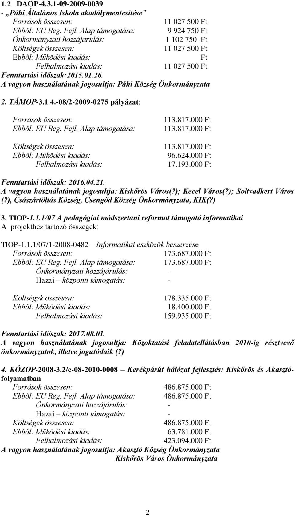 A vagyon használatának jogosultja: Kiskőrös Város(?); Kecel Város(?); Soltvadkert Város (?), Császártöltás Község, Csengőd Község Önkormányzata, KIK(?) 3. TIOP-1.