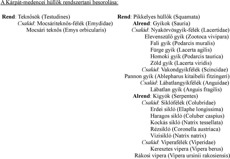 viridis) Család: Vakondgyíkfélék (Scincidae) Pannon gyík (Ablepharus kitaibelii fitzingeri) Család: Lábatlangyíkfélék (Anguidae) Lábatlan gyík (Anguis fragilis) Alrend: Kígyók (Serpentes) Család: