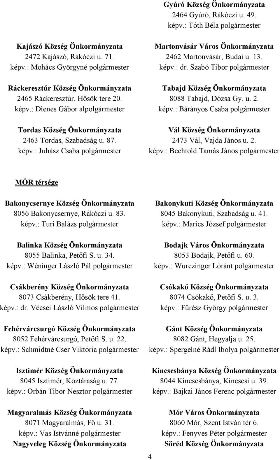 : Bárányos Csaba polgármester Tordas Község Önkormányzata Vál Község Önkormányzata 2463 Tordas, Szabadság u. 87. 2473 Vál, Vajda János u. 2. képv.: Juhász Csaba polgármester képv.