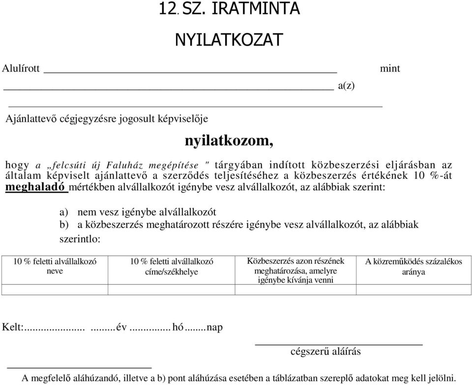 ajánlattevő a szerződés teljesítéséhez a közbeszerzés értékének 10 %-át meghaladó mértékben alvállalkozót igénybe vesz alvállalkozót, az alábbiak szerint: a) nem vesz igénybe alvállalkozót b) a