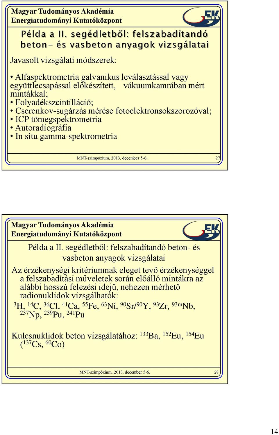 mintákkal; Folyadékszcintilláció; Cserenkov-sugárzás mérése fotoelektronsokszorozóval; ICP tömegspektrometria Autoradiográfia In situ gamma-spektrometria 27  segédletből: felszabadítandó beton- és