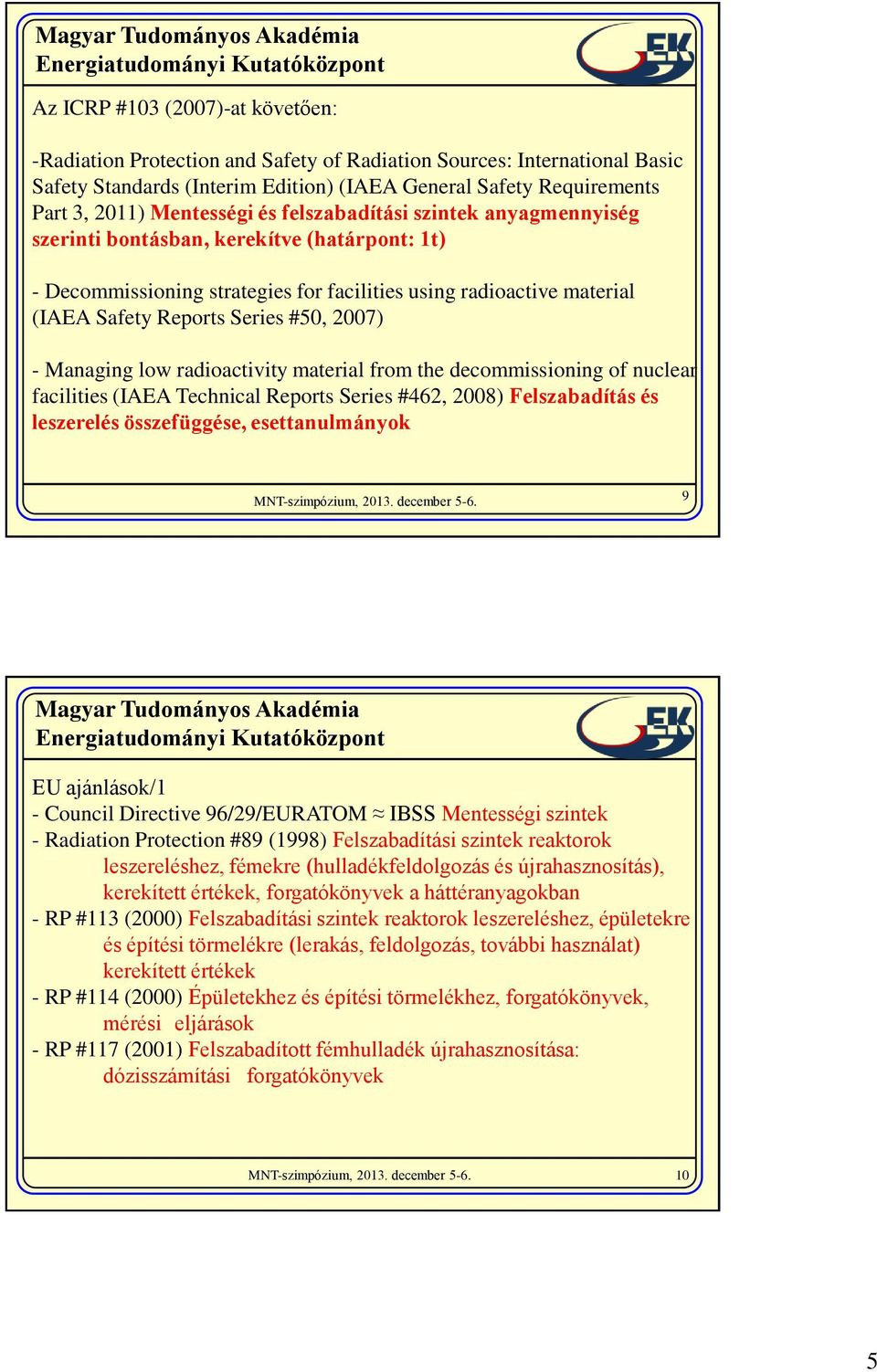 #50, 2007) - Managing low radioactivity material from the decommissioning of nuclear facilities (IAEA Technical Reports Series #462, 2008) Felszabadítás és leszerelés összefüggése, esettanulmányok 9