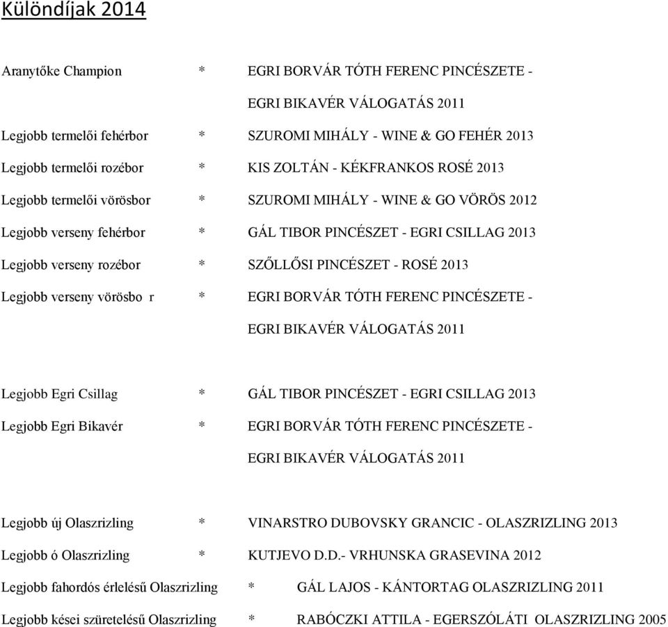 PINCÉSZET - ROSÉ 2013 Legjobb verseny vörösbo r * EGRI BORVÁR TÓTH FERENC PINCÉSZETE - EGRI BIKAVÉR VÁLOGATÁS 2011 Legjobb Egri Csillag * GÁL TIBOR PINCÉSZET - EGRI CSILLAG 2013 Legjobb Egri Bikavér