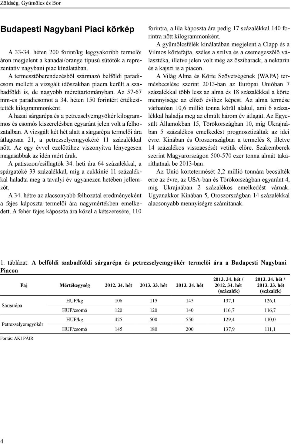 héten 150 forintért értékesítették kilogrammonként. A hazai sárgarépa és a petrezselyemgyökér kilogrammos és csomós kiszerelésben egyaránt jelen volt a felhozatalban.