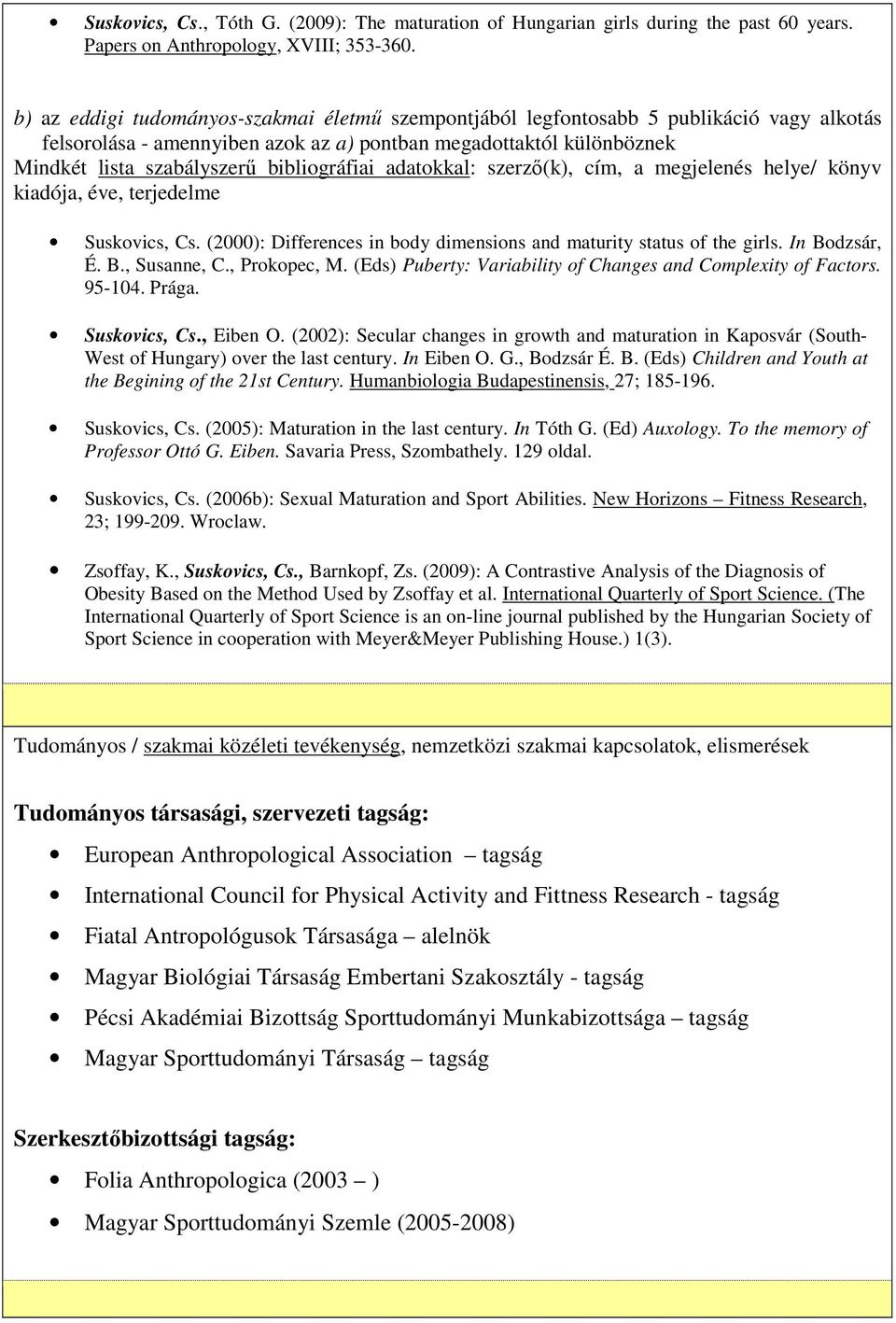 bibliográfiai adatokkal: szerző(k), cím, a megjelenés helye/ könyv kiadója, éve, terjedelme Suskovics, Cs. (2000): Differences in body dimensions and maturity status of the girls. In Bodzsár, É. B., Susanne, C.