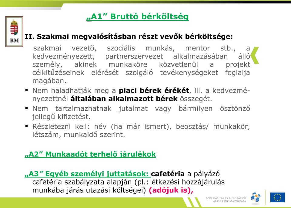 Nem haladhatják meg a piaci bérek érékét, ill. a kedvezményezettnél általában alkalmazott bérek összegét. Nem tartalmazhatnak jutalmat vagy bármilyen ösztönző jellegű kifizetést.