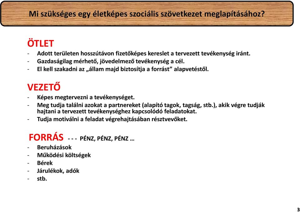 VEZETŐ - Képes megtervezni a tevékenységet. - Meg tudja találni azokat a partnereket (alapító tagok, tagság, stb.