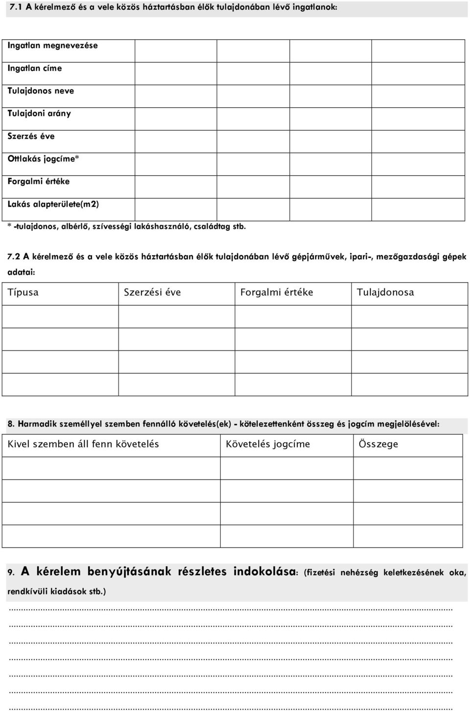 2 A kérelmező és a vele közös háztartásban élők tulajdonában lévő gépjárművek, ipari-, mezőgazdasági gépek adatai: Típusa Szerzési éve Forgalmi értéke Tulajdonosa 8.