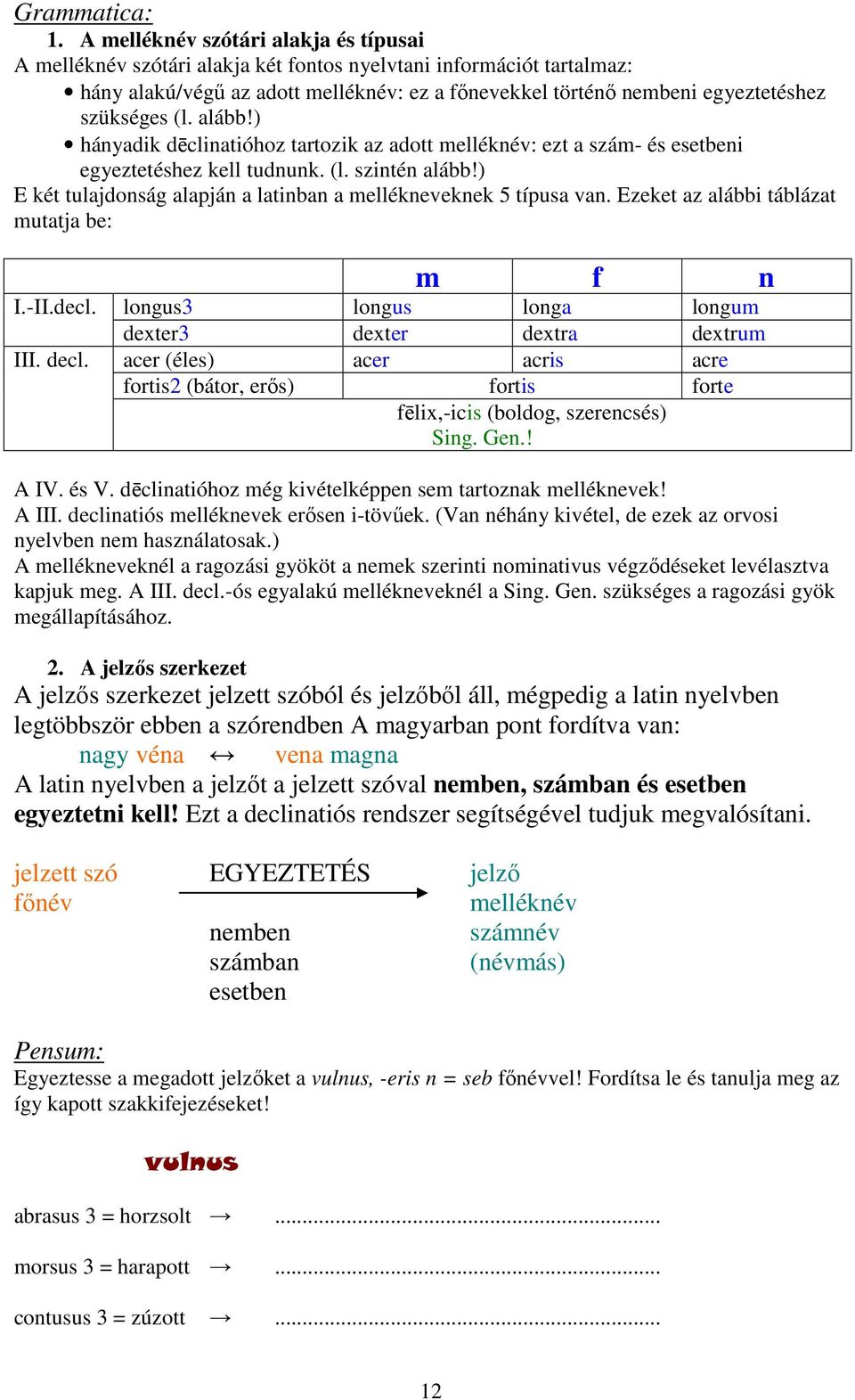 szükséges (l. alább!) hányadik dēclinatióhoz tartozik az adott melléknév: ezt a szám- és esetbeni egyeztetéshez kell tudnunk. (l. szintén alább!