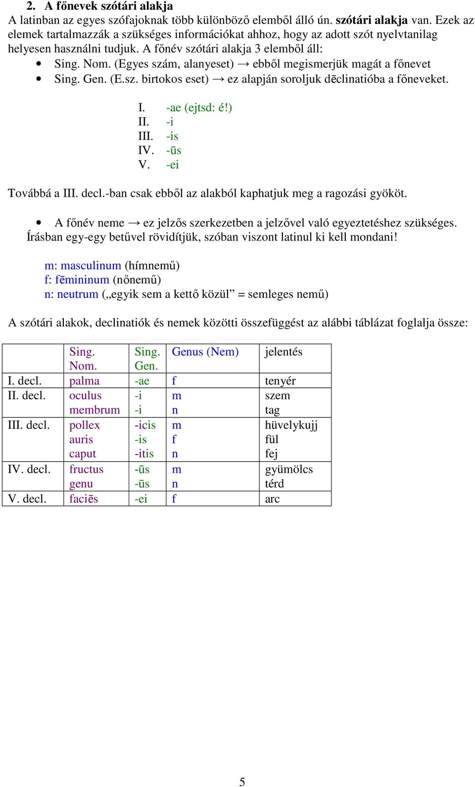 (Egyes szám, alanyeset) ebből megismerjük magát a főnevet Sing. Gen. (E.sz. birtokos eset) ez alapján soroljuk dēclinatióba a főneveket. I. -ae (ejtsd: é!) II. -i III. -is IV. -ūs V.