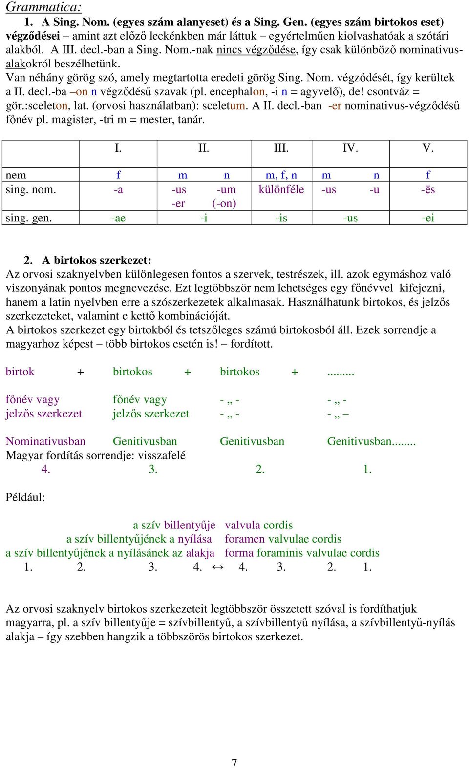 -ba on n végződésű szavak (pl. encephalon, -i n = agyvelő), de! csontváz = gör.:sceleton, lat. (orvosi használatban): sceletum. A II. decl.-ban -er nominativus-végződésű főnév pl.