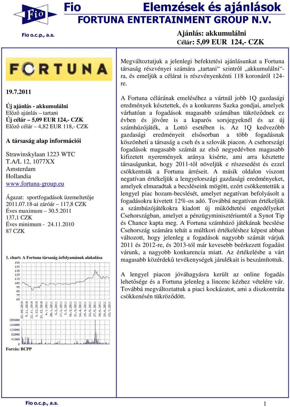 A/L 12, 1077XX Amsterdam Hollandia www.fortuna-group.eu Ágazat: sportfogadások üzemeltetıje 2011.07.18-ai záróár 117,8 CZK Éves maximum 30.5.2011 137,1 CZK Éves minimum - 24.11.2010 87 CZK 1.