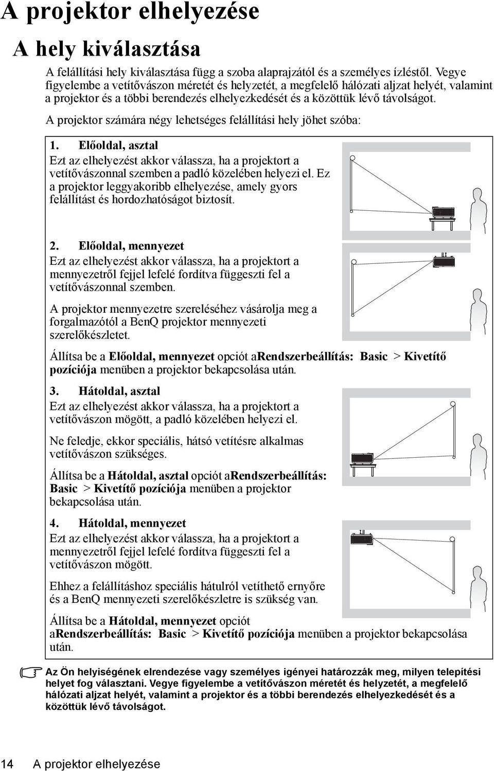 A projektor számára négy lehetséges felállítási hely jöhet szóba: 1. Előoldal, asztal Ezt az elhelyezést akkor válassza, ha a projektort a vetítővászonnal szemben a padló közelében helyezi el.