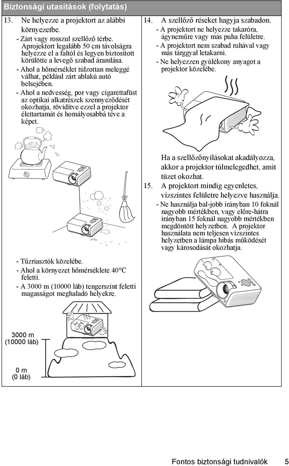 - Ahol a nedvesség, por vagy cigarettafüst az optikai alkatrészek szennyeződését okozhatja, rövidítve ezzel a projektor élettartamát és homályosabbá téve a képet. 14.
