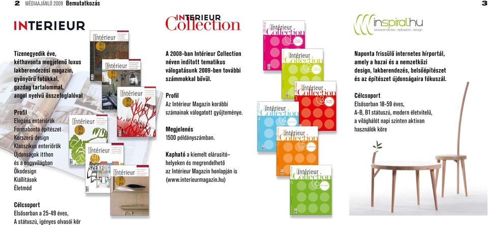 2008-ban Intérieur Collection néven indított tematikus válogatásunk 2009-ben további számmokkal bôvül. Pro l az intérieur Magazin korábbi számainak válogatott gyûjteménye.