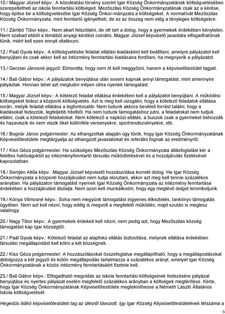 A normatívát Mezőszilas Község Önkormányzata, mint fenntartó igényelheti, de ez az összeg nem elég a tényleges költségekre. 11./ Zámbó Tibor képv.