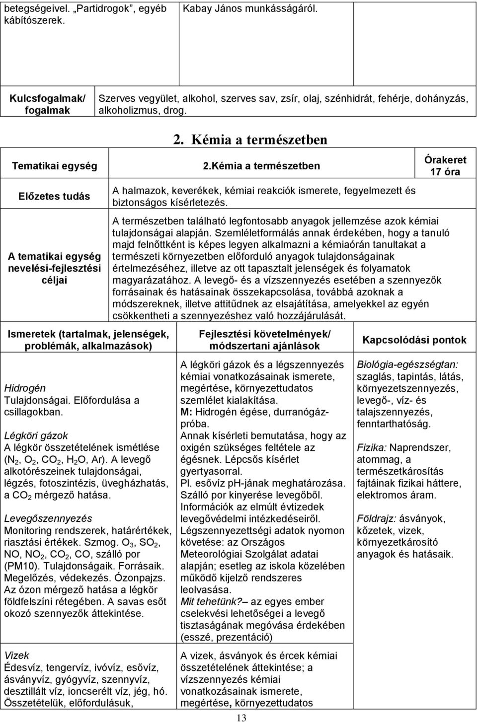 Tematikai egység Előzetes tudás A tematikai egység nevelési-fejlesztési céljai Ismeretek (tartalmak, jelenségek, problémák, alkalmazások) Hidrogén Tulajdonságai. Előfordulása a csillagokban.