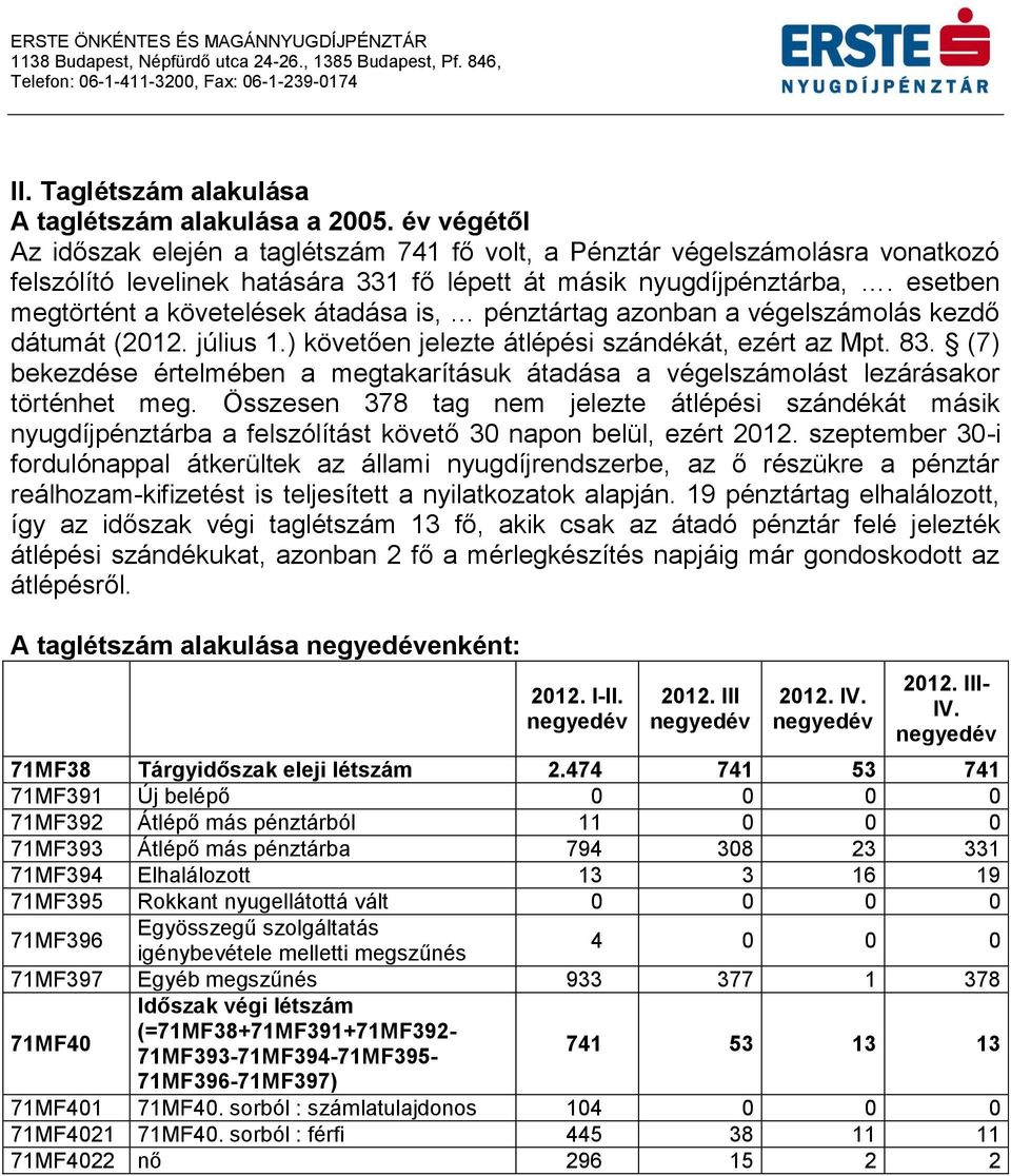 esetben megtörtént a követelések átadása is, pénztártag azonban a végelszámolás kezdő dátumát (2012. július 1.) követően jelezte átlépési szándékát, ezért az Mpt. 83.