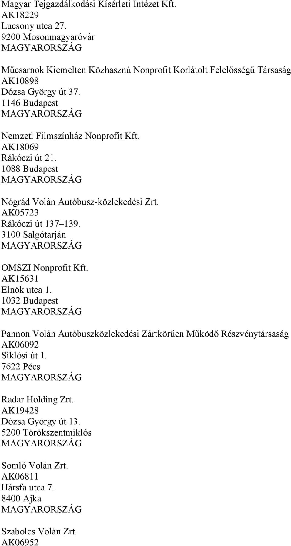 1146 Budapest Nemzeti Filmszínház Nonprofit Kft. AK18069 Rákóczi út 21. 1088 Budapest Nógrád Volán Autóbusz-közlekedési Zrt. AK05723 Rákóczi út 137 139.