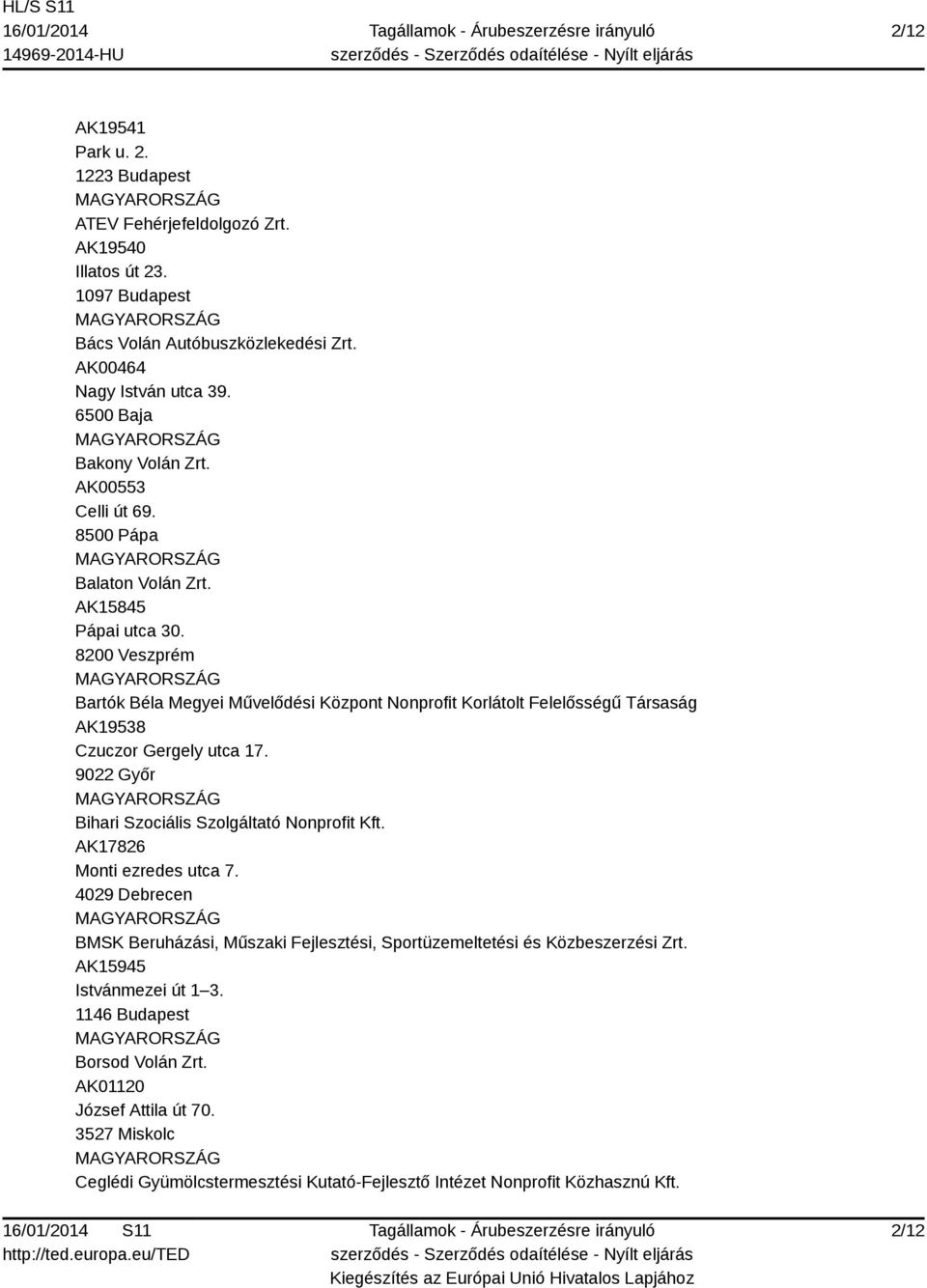 8200 Veszprém Bartók Béla Megyei Művelődési Központ Nonprofit Korlátolt Felelősségű Társaság AK19538 Czuczor Gergely utca 17. 9022 Győr Bihari Szociális Szolgáltató Nonprofit Kft.