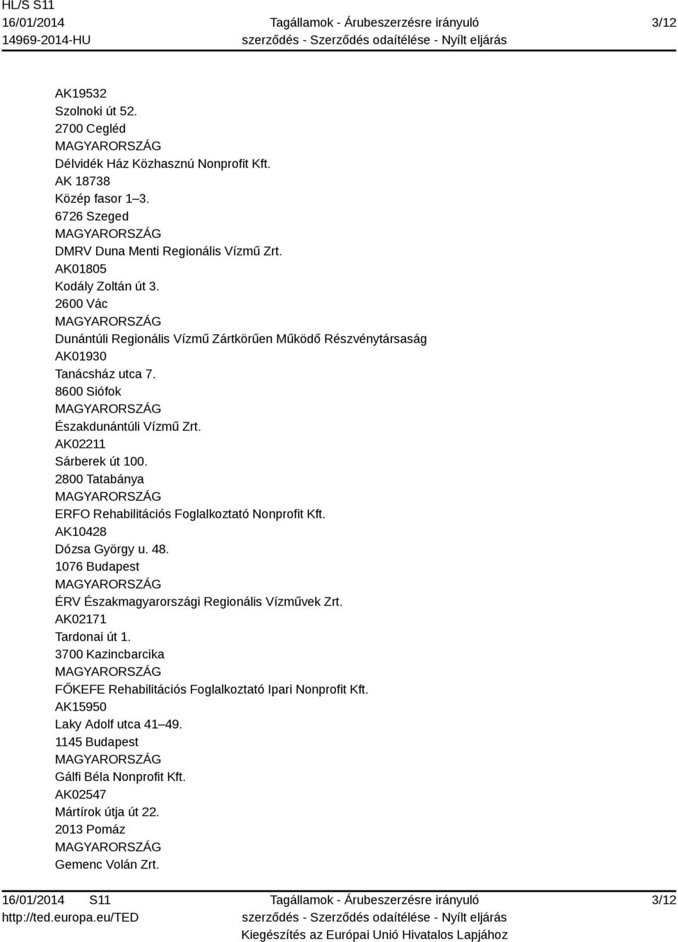 2800 Tatabánya ERFO Rehabilitációs Foglalkoztató Nonprofit Kft. AK10428 Dózsa György u. 48. 1076 Budapest ÉRV Északmagyarországi Regionális Vízművek Zrt. AK02171 Tardonai út 1.