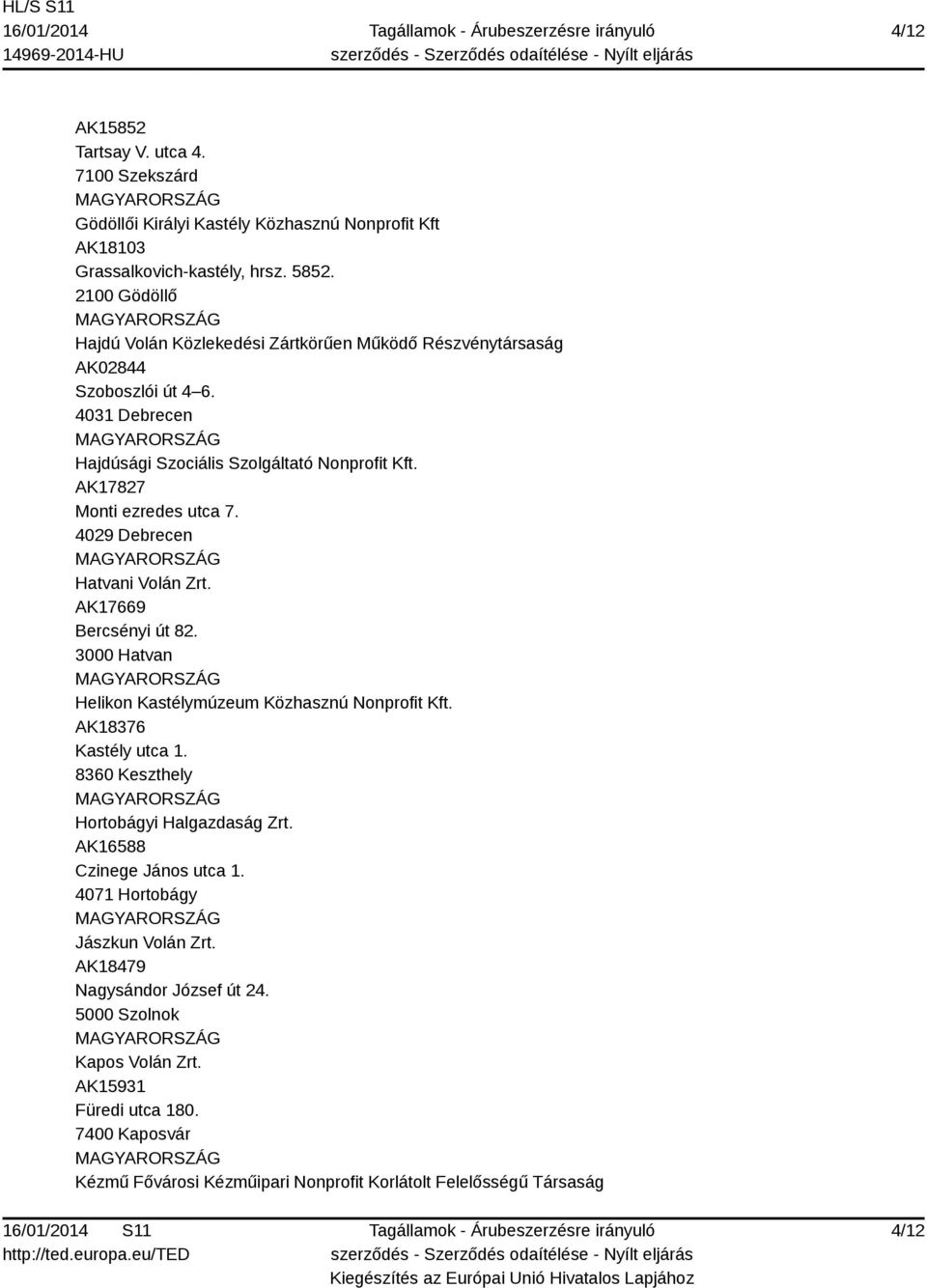 4029 Debrecen Hatvani Volán Zrt. AK17669 Bercsényi út 82. 3000 Hatvan Helikon Kastélymúzeum Közhasznú Nonprofit Kft. AK18376 Kastély utca 1. 8360 Keszthely Hortobágyi Halgazdaság Zrt.