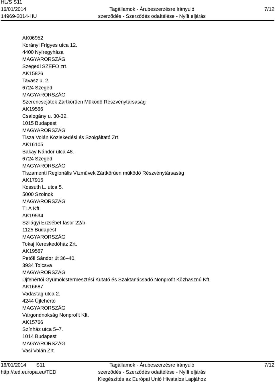 utca 5. 5000 Szolnok TLA Kft. AK19534 Szilágyi Erzsébet fasor 22/b. 1125 Budapest Tokaj Kereskedőház Zrt. AK19567 Petőfi Sándor út 36 40.