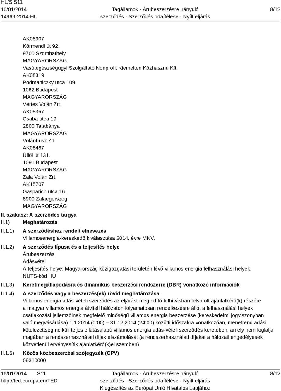 1.4) II.1.5) A szerződéshez rendelt elnevezés Villamosenergia-kereskedő kiválasztása 2014. évre MNV.