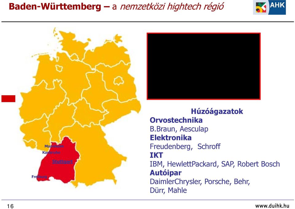 GDP százalékában mérve) 16,6 % Mannheim Karlsruhe Stuttgart Freiburg Húzóágazatk Orvstechnika B.
