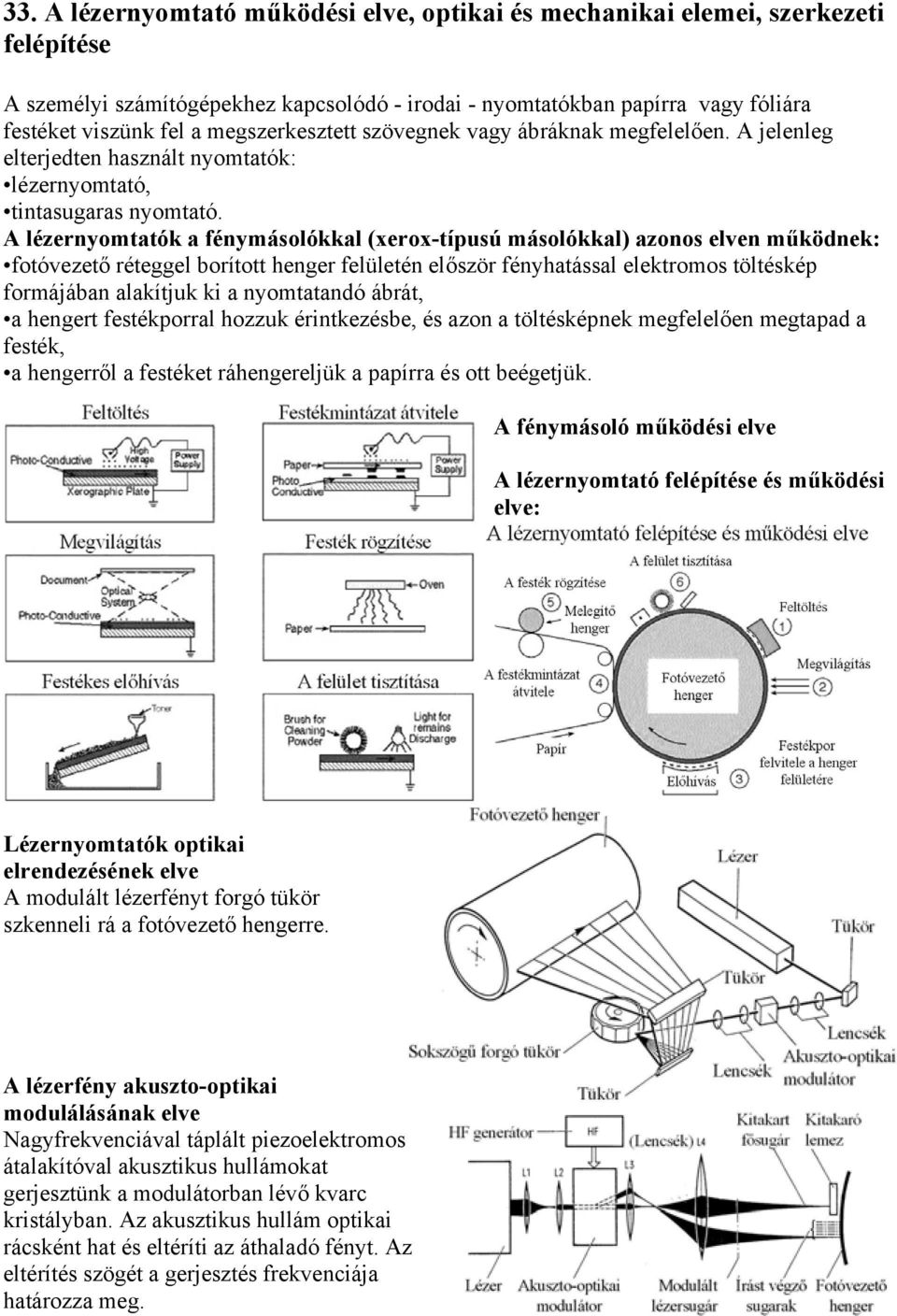 A lézernyomtatók a fénymásolókkal (xerox-típusú másolókkal) azonos elven működnek: fotóvezető réteggel borított henger felületén először fényhatással elektromos töltéskép formájában alakítjuk ki a