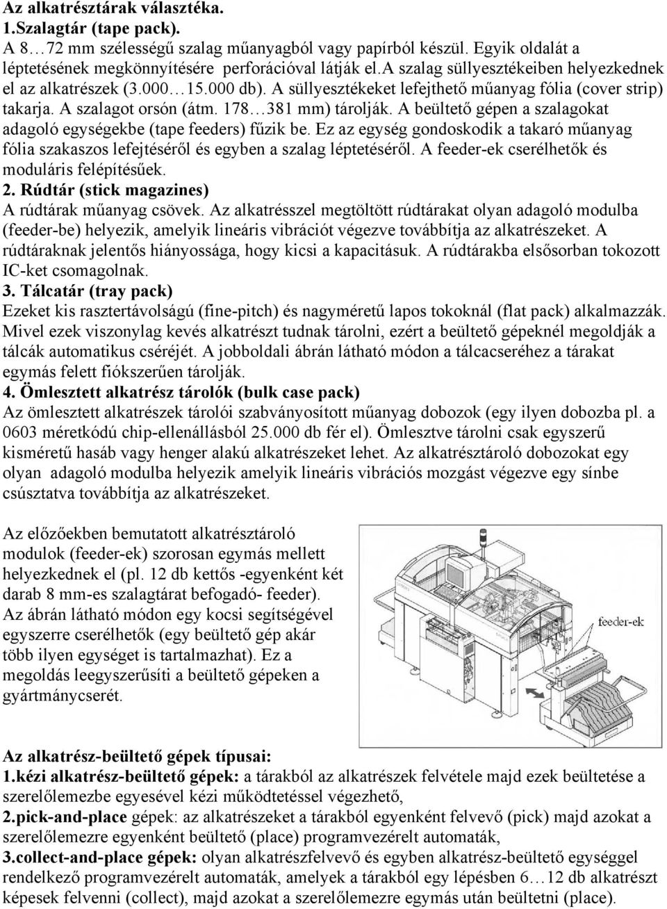 A beültető gépen a szalagokat adagoló egységekbe (tape feeders) fűzik be. Ez az egység gondoskodik a takaró műanyag fólia szakaszos lefejtéséről és egyben a szalag léptetéséről.