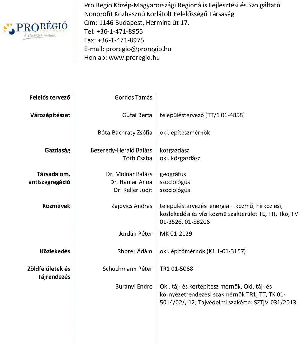 proregio.hu Honlap: www.proregio.hu Felelős tervező Gordos Tamás Városépítészet Gutai Berta településtervező (TT/1 01-4858) Gazdaság Társadalom, antiszegregáció Bóta-Bachraty Zsófia Bezerédy-Herald Balázs Tóth Csaba Dr.