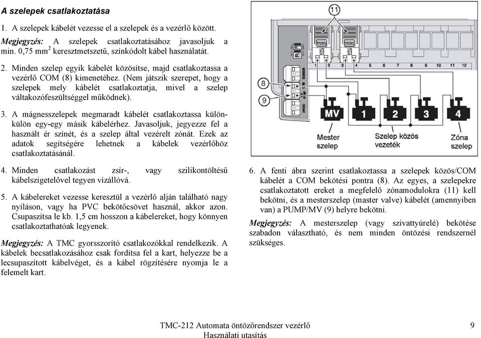 (Nem játszik szerepet, hogy a szelepek mely kábelét csatlakoztatja, mivel a szelep váltakozófeszültséggel működnek). 3.