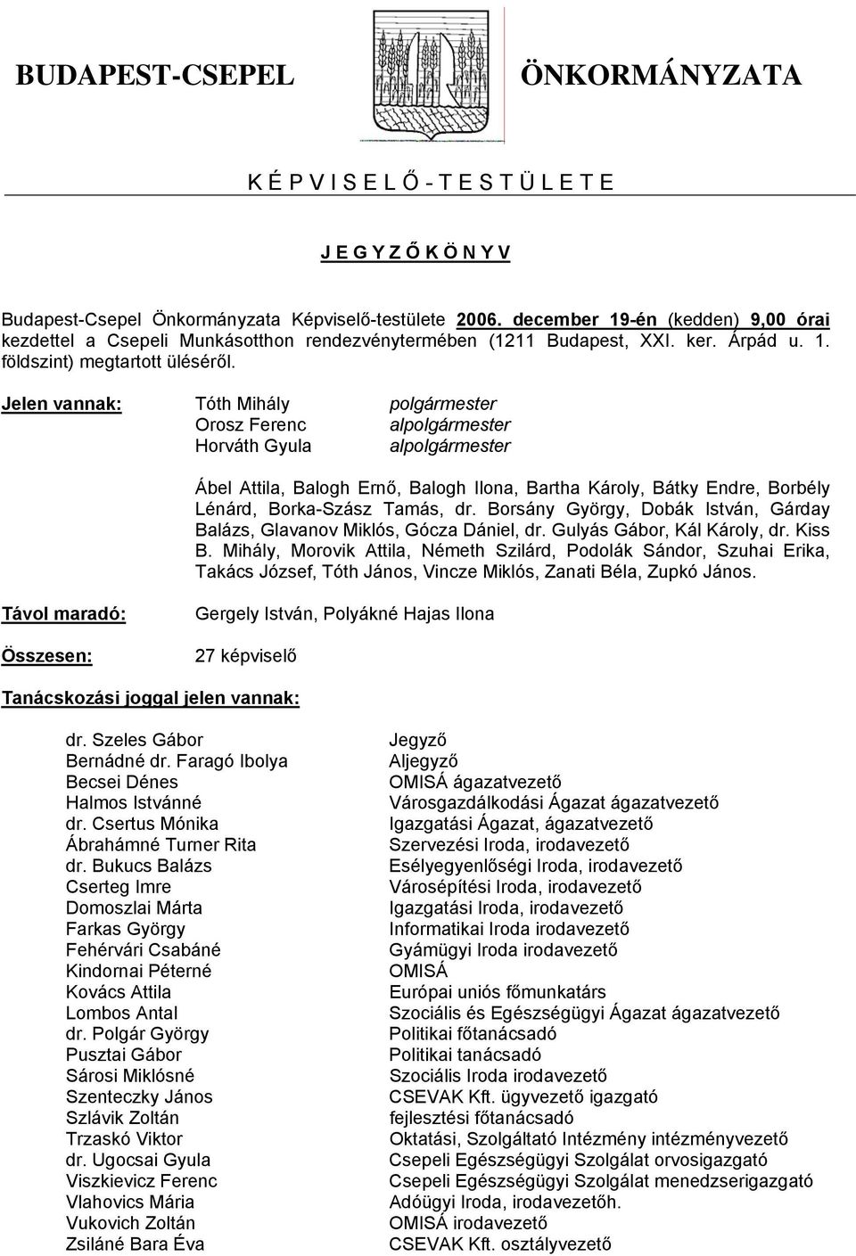 Jelen vannak: Tóth Mihály polgármester Orosz Ferenc alpolgármester Horváth Gyula alpolgármester Ábel Attila, Balogh Ernő, Balogh Ilona, Bartha Károly, Bátky Endre, Borbély Lénárd, Borka-Szász Tamás,