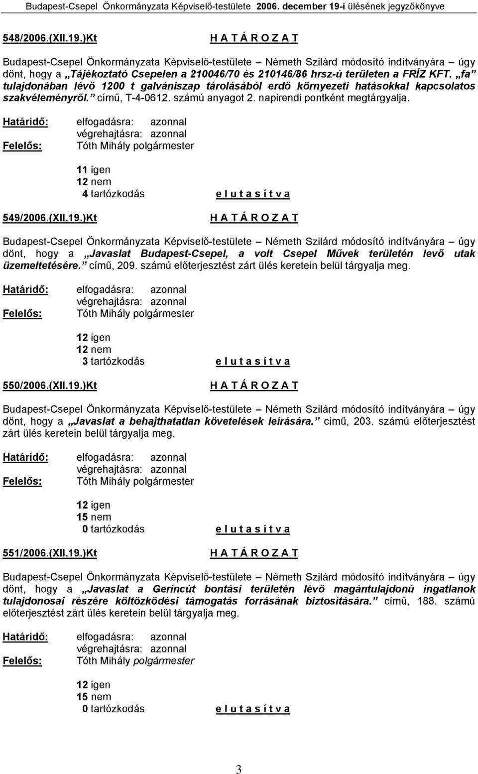 végrehajtásra: azonnal 11 igen 12 nem 4 tartózkodás e l u t a s í t v a 549/2006.(XII.19.