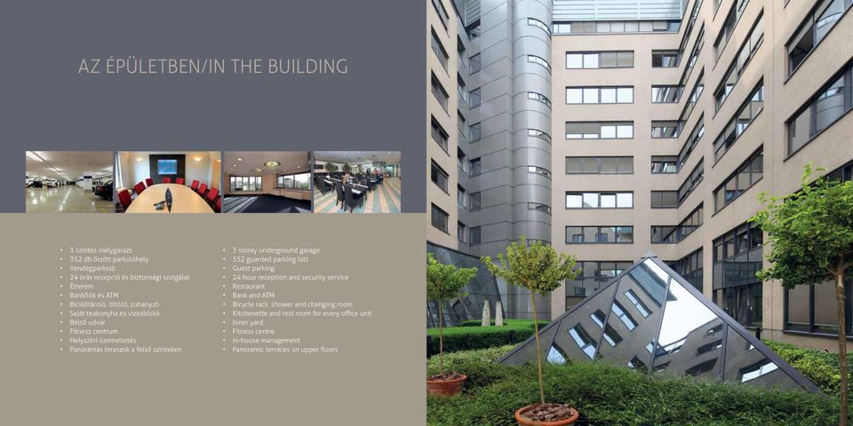szinteken 3 storey underground garage 352 guarded parking lots Guest parking 24 hour reception and security service Restaurant Bank and ATM Bicycle