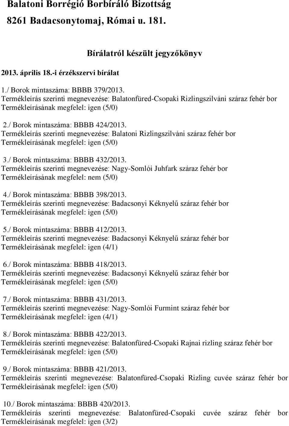 Termékleírás szerinti megnevezése: Balatoni Rizlingszilváni száraz fehér bor 3./ Borok mintaszáma: BBBB 432/2013.