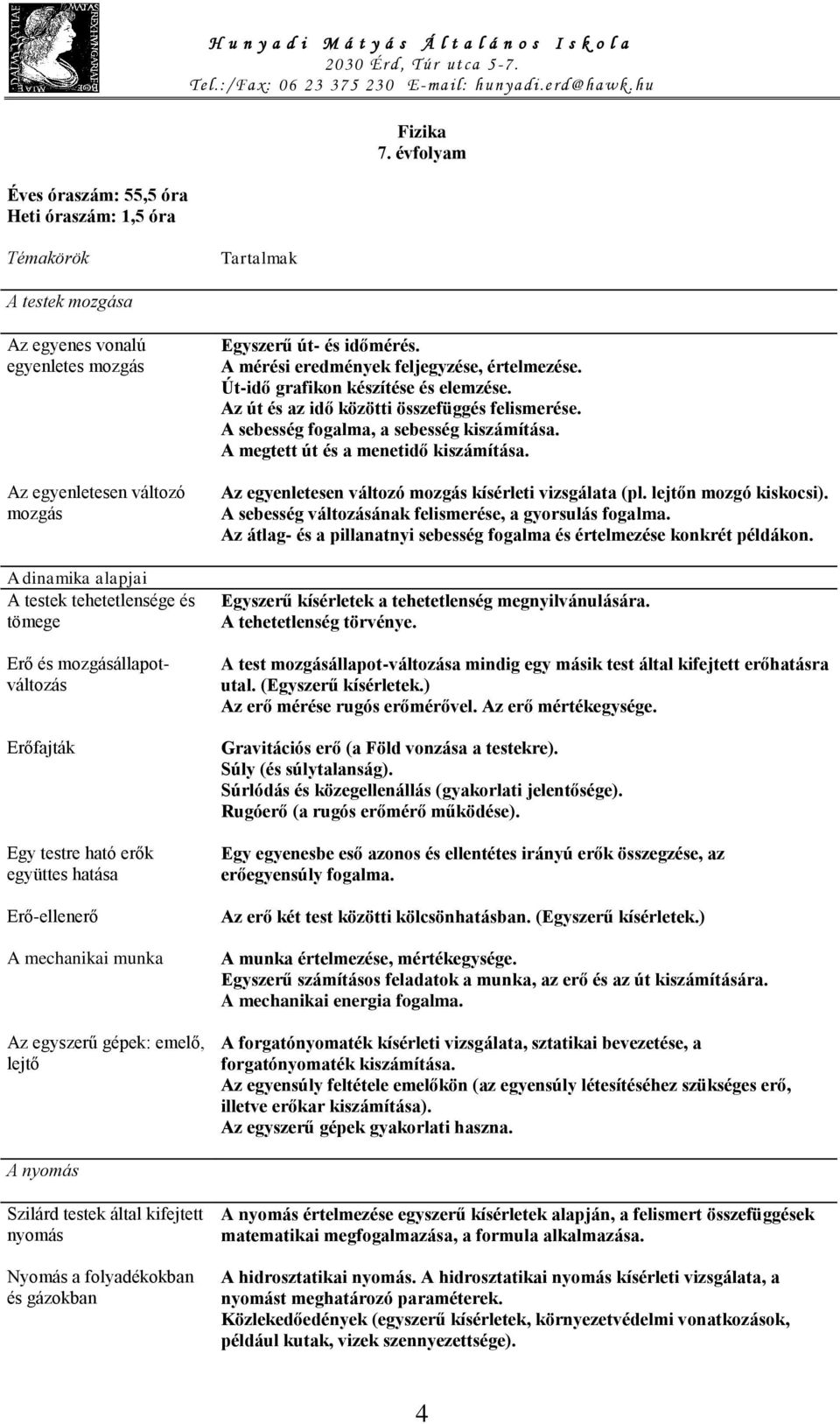 Erőfajták Egy testre ható erők együttes hatása Erő-ellenerő A mechanikai munka Az egyszerű gépek: emelő, lejtő Egyszerű út- és időmérés. A mérési eredmények feljegyzése, értelmezése.