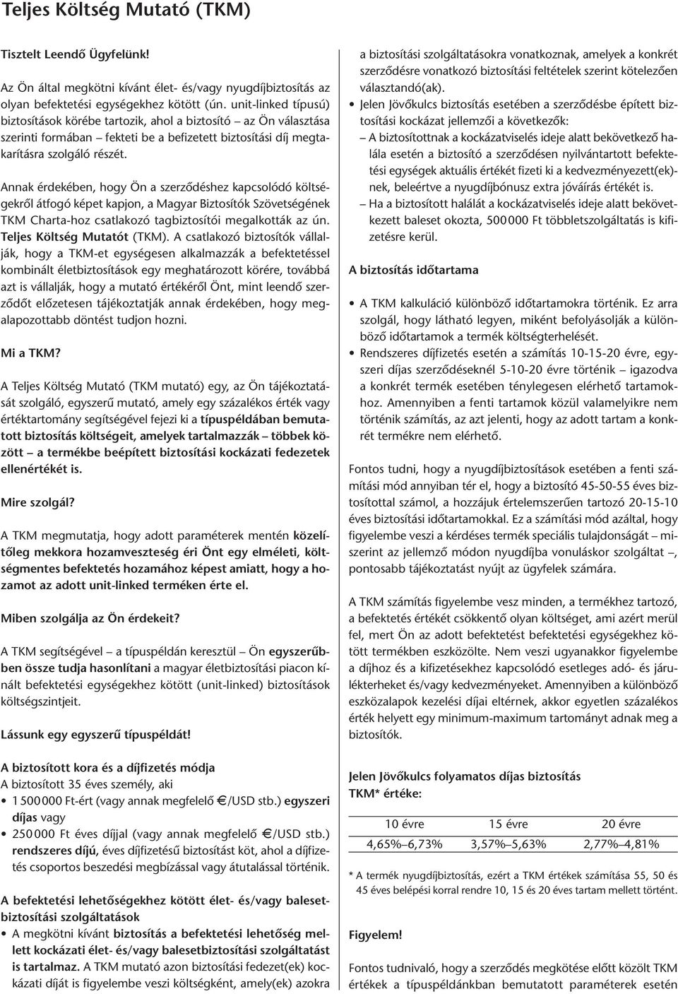 Annak érdekében, hogy Ön a szerződéshez kapcsolódó költségekről átfogó képet kapjon, a Magyar Biztosítók Szövetségének TKM Charta-hoz csatlakozó tagbiztosítói megalkották az ún.