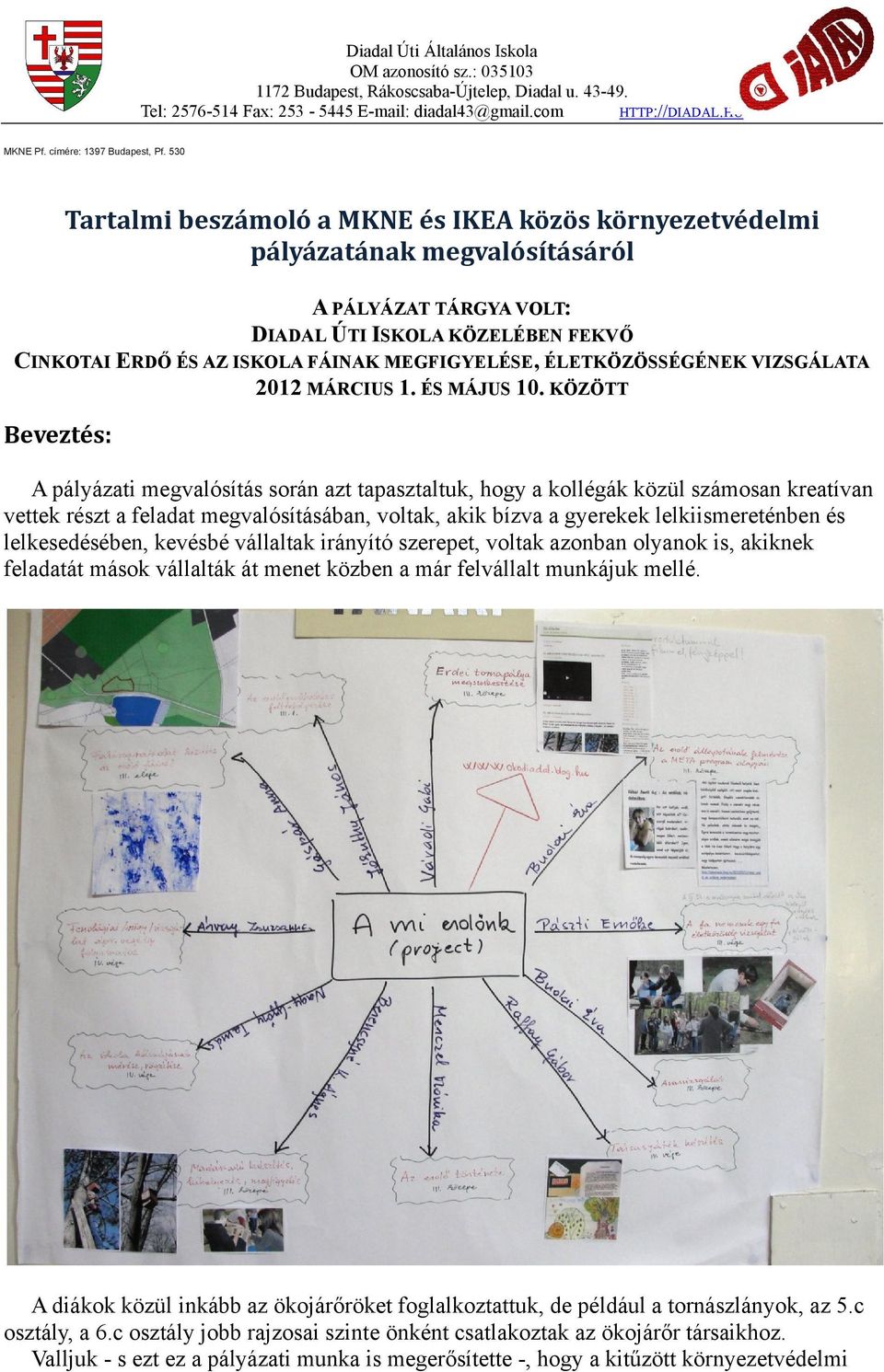530 Tartalmi beszámoló a MKNE és IKEA közös környezetvédelmi pályázatának megvalósításáról A PÁLYÁZAT TÁRGYA VOLT: DIADAL ÚTI ISKOLA KÖZELÉBEN FEKVŐ CINKOTAI ERDŐ ÉS AZ ISKOLA FÁINAK MEGFIGYELÉSE,