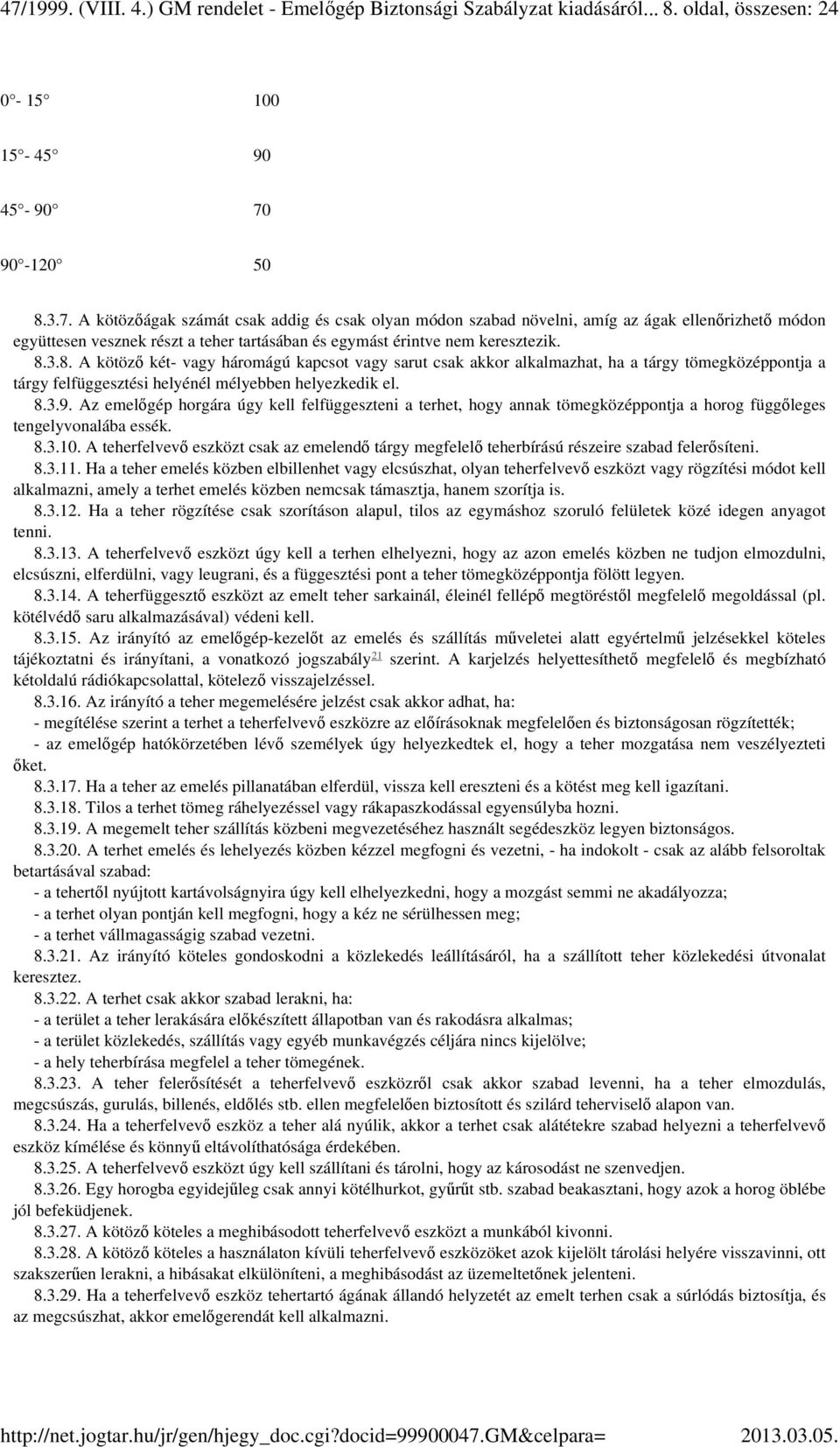 Az emelőgép horgára úgy kell felfüggeszteni a terhet, hogy annak tömegközéppontja a horog függőleges tengelyvonalába essék. 8.3.10.
