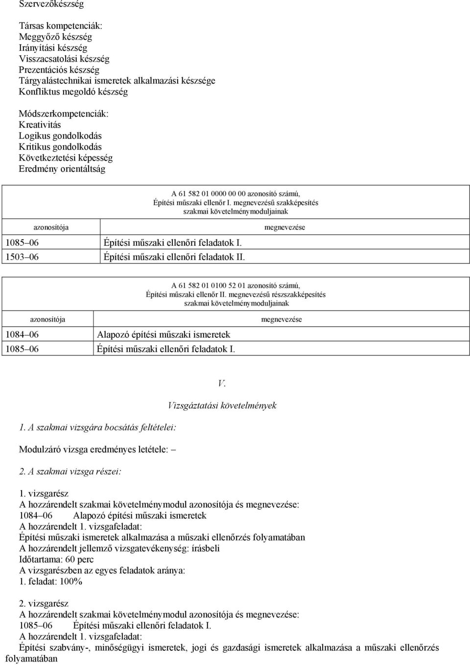 megnevezésű szakképesítés szakmai követelménymoduljainak azonosítója 1085 06 Építési műszaki ellenőri feladatok I. 1503 06 Építési műszaki ellenőri feladatok II.