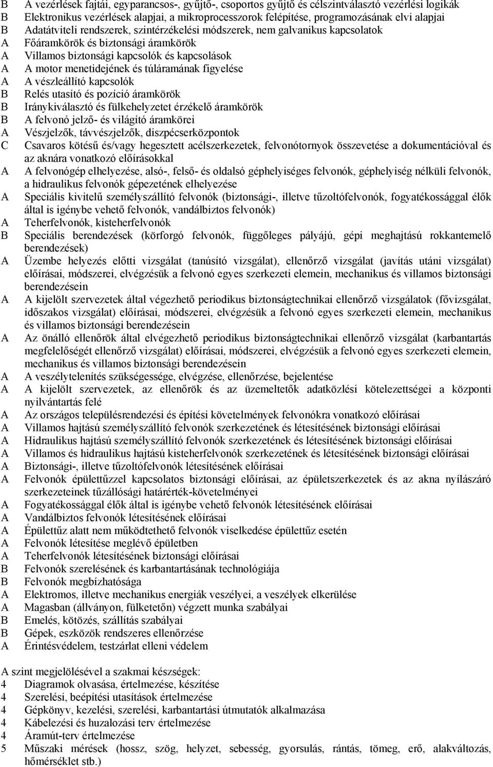 túláramának figyelése A A vészleállító kapcsolók Relés utasító és pozíció áramkörök Iránykiválasztó és fülkehelyzetet érzékelő áramkörök A felvonó jelző- és világító áramkörei A Vészjelzők,