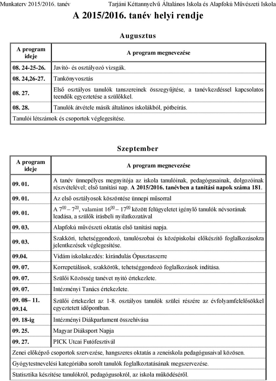 Tanulói létszámok és csoportok véglegesítése. Szeptember 09. 01. A tanév ünnepélyes megnyitója az iskola tanulóinak, pedagógusainak, dolgozóinak részvételével; első tanítási nap. A 2015/2016.