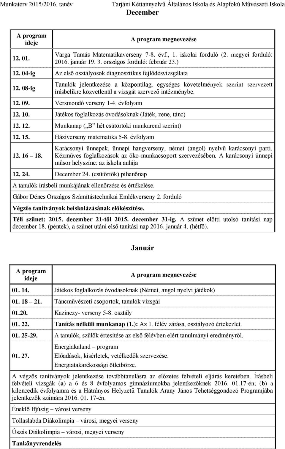 08-ig Tanulók jelentkezése a központilag, egységes követelmények szerint szervezett írásbelikre közvetlenül a vizsgát szervező intézménybe. 12. 09. Versmondó verseny 1-4. évfolyam 12. 10.