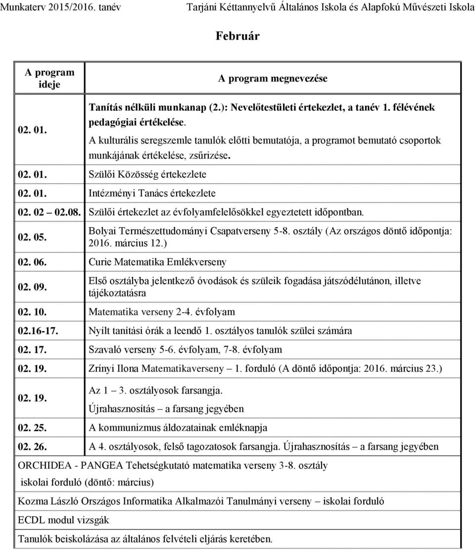 02 02.08. Szülői értekezlet az évfolyamfelelősökkel egyeztetett időpontban. 02. 05. Bolyai Természettudományi Csapatverseny 5-8. osztály (Az országos döntő időpontja: 2016. március 12.) 02. 06.