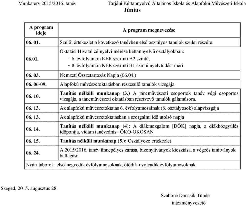 Alapfokú művészetoktatásban részesülő tanulók vizsgája. 06. 10. Tanítás nélküli munkanap (3.