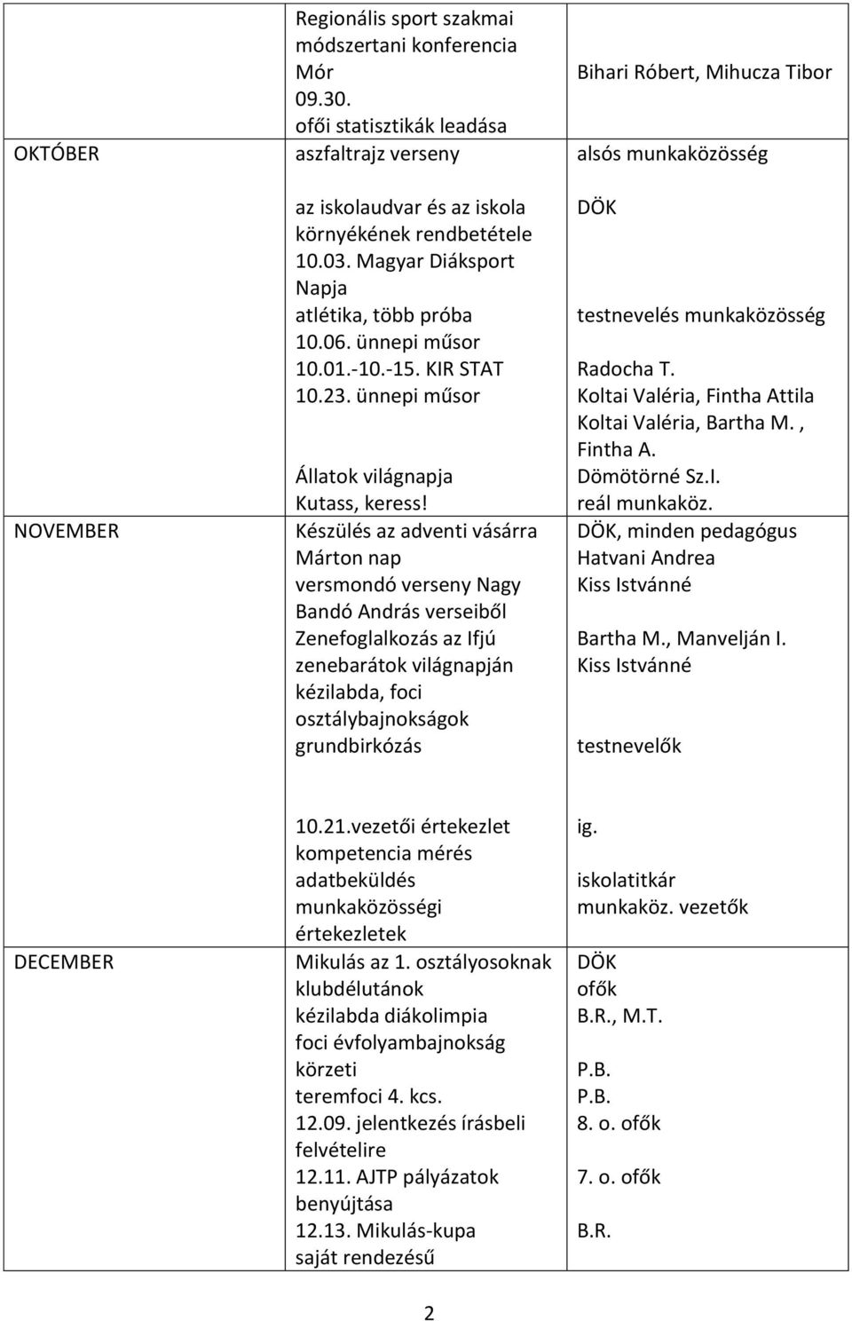 Készülés az adventi vásárra Márton nap versmondó verseny Nagy Bandó András verseiből Zenefoglalkozás az Ifjú zenebarátok világnapján kézilabda, foci osztálybajnokságok grundbirkózás Bihari Róbert,