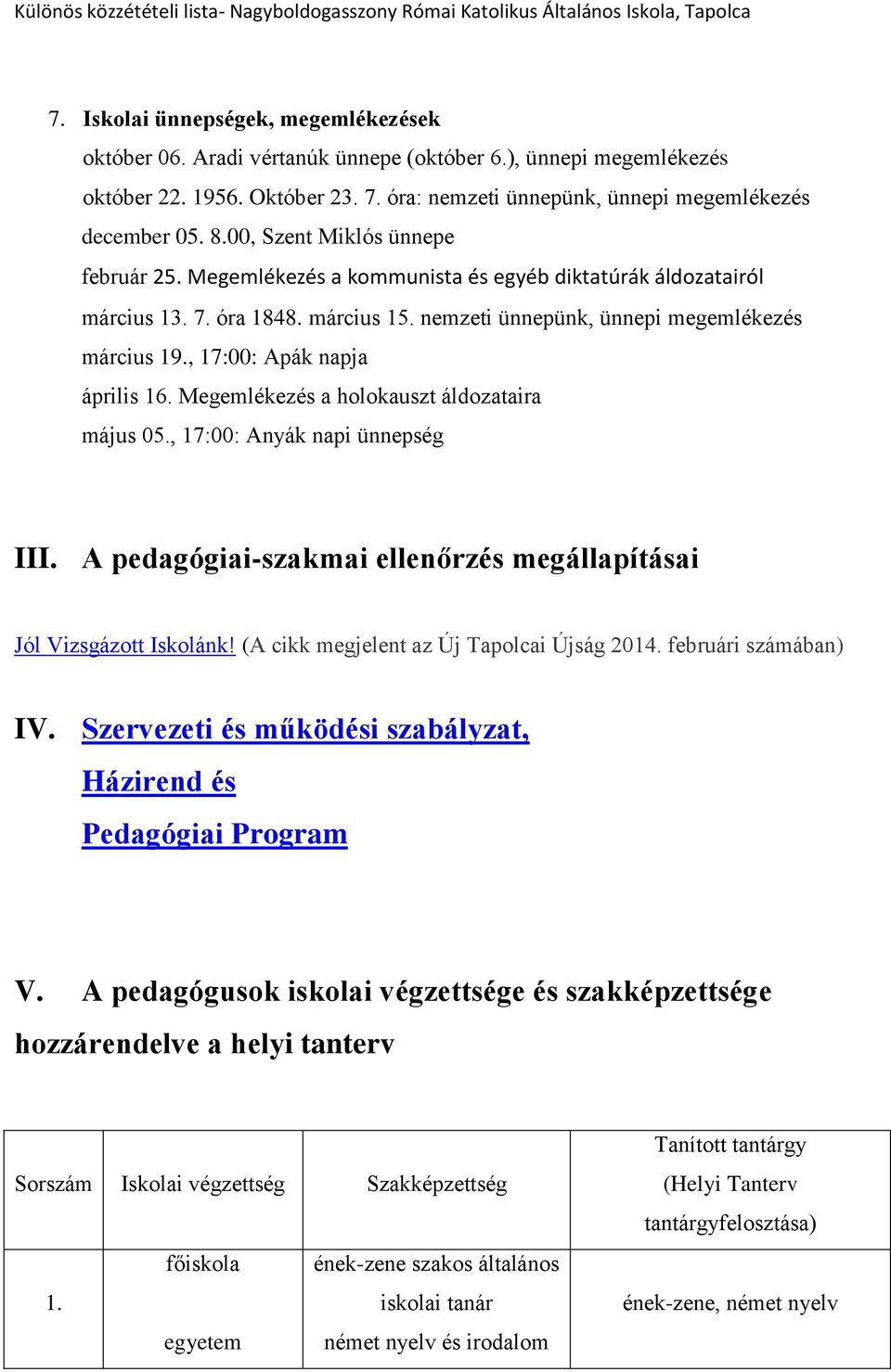 , 17:00: Apák napja április 16. Megemlékezés a holokauszt áldozataira május 05., 17:00: Anyák napi ünnepség III. A pedagógiai-szakmai ellenőrzés megállapításai Jól Vizsgázott Iskolánk!