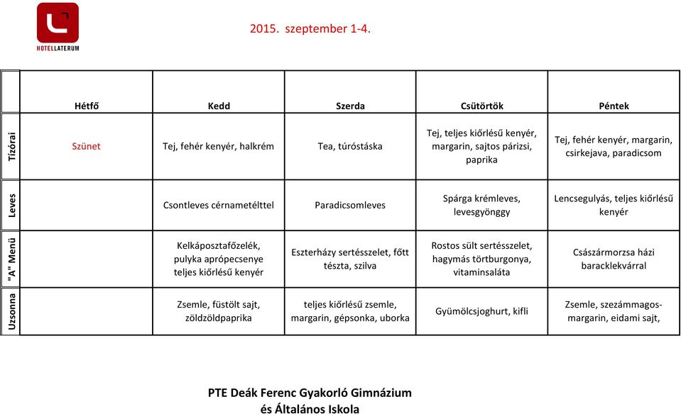 Csontleves cérnametélttel Paradicsomleves Spárga krémleves, levesgyönggy Lencsegulyás, teljes kiőrlésű Kelkáposztafőzelék, pulyka aprópecsenye